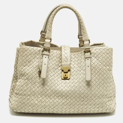 Pre-owned Bottega Veneta Roma Large Off White Intrecciato Leather Tote