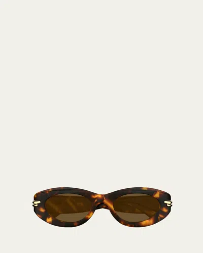 Bottega Veneta Round Acetate Sunglasses In Shiny Macro Squared Spotted Havana