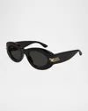 Bottega Veneta Black Mitre Oval Sunglasses In Shiny Solid Black