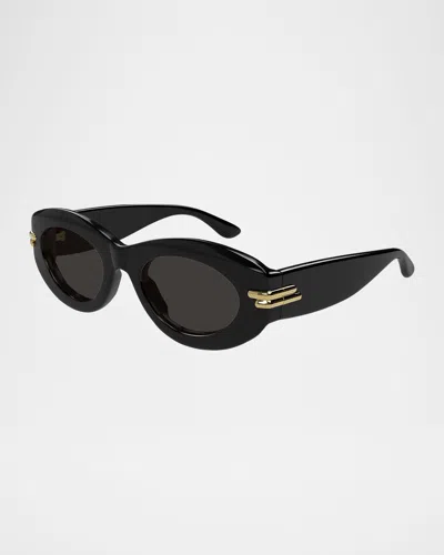 Bottega Veneta Black Mitre Oval Sunglasses In Shiny Solid Black