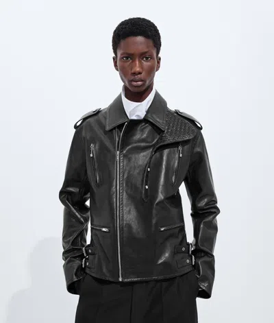 Bottega Veneta Rubbery Leather Biker Jacket In Double Black