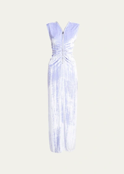 Bottega Veneta Ruched Zip-up Velvet Maxi Dress In Iris