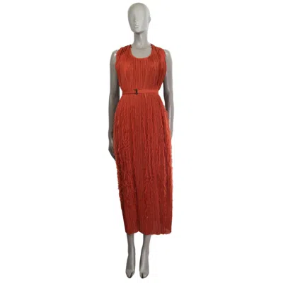 Pre-owned Bottega Veneta Rust Polyester Plisse Pleated Feather Belte Maxi Dress 42 M In Brown