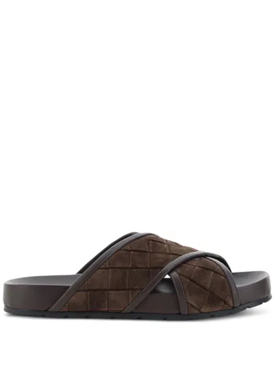 Bottega Veneta Tarik Intrecciato Suede Leather Slides In Brown