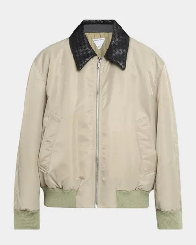 Bottega Veneta Satin Nylon Bomber Jacket With Intrecciato Leather Collar In Neutral