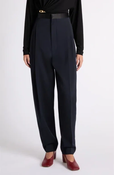 Bottega Veneta Satin Trim High Waist Wool Straight Leg Pants In Black