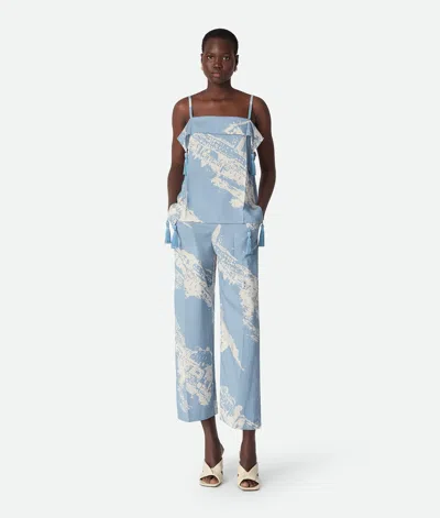 Bottega Veneta Tasseled Printed Silk And Cotton-blend Shantung Tank In Blue