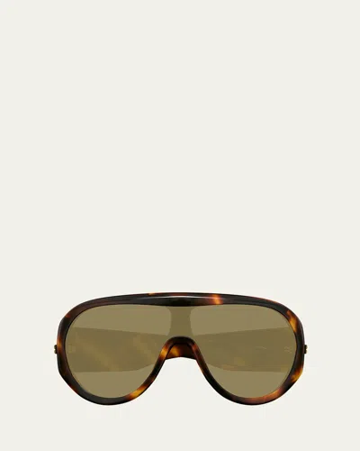 Bottega Veneta Shield Acetate Sunglasses In Shiny Macro Squared Spotted Havana