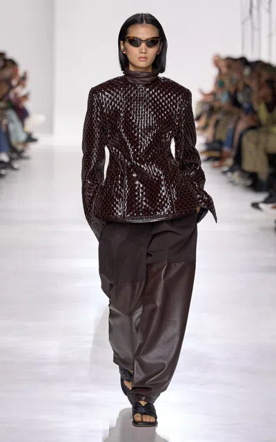Bottega Veneta Shiny Intreccio Leather Top In Brown