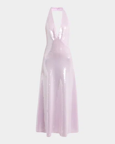 Bottega Veneta Shiny Sequined Plunging Halter Backless Midi Dress In Pink