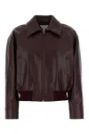 Bottega Veneta Women Bordeaux Crop Jacket With Intreccio Motif Collar And Dropped Shoulders In Leath In Brown