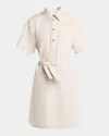Bottega Veneta Short-sleeve Belted Cotton-linen Twill Mini Shirtdress In Neutral