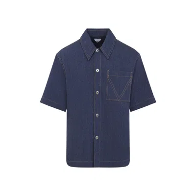 Bottega Veneta Short-sleeve Wool-cotton Blend Shirt With Classic Collar In Blue
