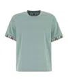 Bottega Veneta Cotton T-shirt With Checked Trim And Foldable Cuffs In Steel Blue/chalk Color/light Color