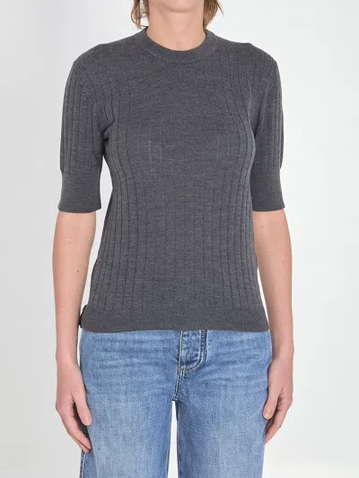 Bottega Veneta Short-sleeve Sweater In Ribbed Wool In Gray