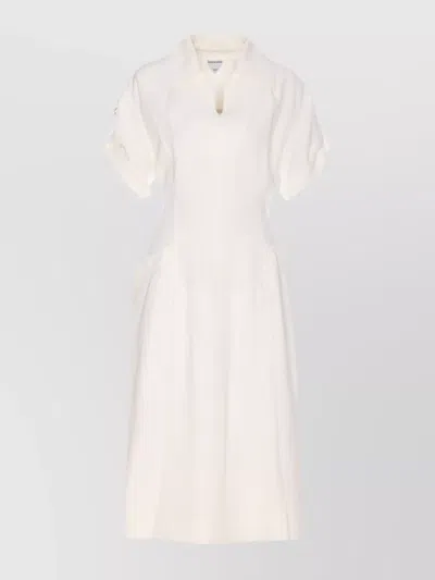 Bottega Veneta Shoulder Detail Belted Waist Embroidered V-neck Dress In White
