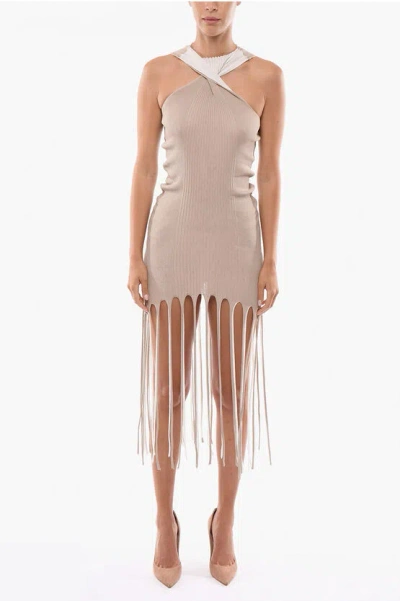 Bottega Veneta Silk-blend Fringed Dress With Cut Out Shoulders In Brown