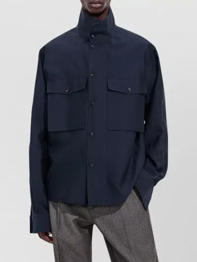 Bottega Veneta Cotton-silk High-neck Shirt With Chest Pockets And Relaxed Fit In Blue