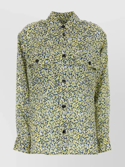 Bottega Veneta Silk Shirt With Floral Pattern And Chest Pockets In Green