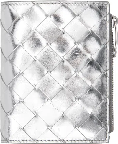 Bottega Veneta Silver Intrecciato Small Bi-fold Wallet In Metallic