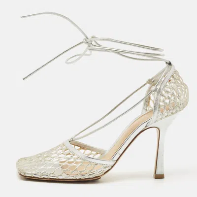 Pre-owned Bottega Veneta Silver Mesh And Leather Stretch Ankle Tie Pumps Size 37
