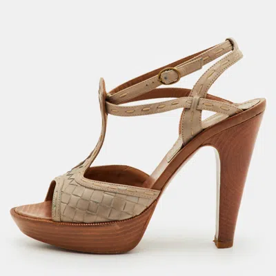 Pre-owned Bottega Veneta Size 36.5 Grey Intrecciato Leather Ankle Strap Platform Sandals In Gray