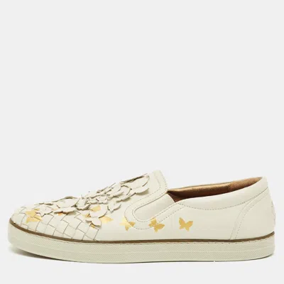Pre-owned Bottega Veneta Size 37 White Intrecciato Leather Butterfly Embellished Slip On Sneakers