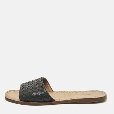 Pre-owned Bottega Veneta Size 37.5 Black Intrecciato Leather Flat Slip On