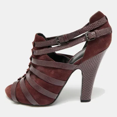 Pre-owned Bottega Veneta Size 38 Burgundy Lizard Embossed Leather And Suede Strappy Sandals