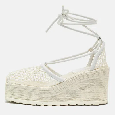 Pre-owned Bottega Veneta Size 38 White Mesh And Leather Wedge Espadrille Sandals