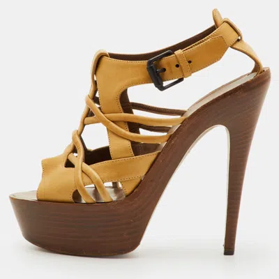 Pre-owned Bottega Veneta Size 38 Yellow Leather Strappy Platform Sandals