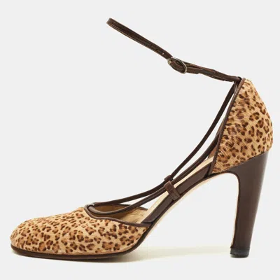 Pre-owned Bottega Veneta Size 38.5 Beige/brown Leopard Print Calf Hair Ankle Strap D'orsay Pumps In Sand