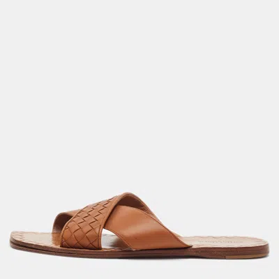Pre-owned Bottega Veneta Size 39 Brown Intrecciato Leather Crisscross Flat Slide