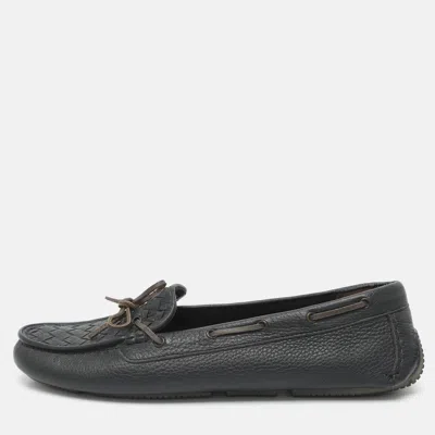 Pre-owned Bottega Veneta Size 40 Navy Blue Intrecciato Leather Loafers