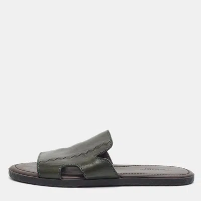 Pre-owned Bottega Veneta Size 42 Green Leather Zig Zag Inlay Detail Plage Flat Slide
