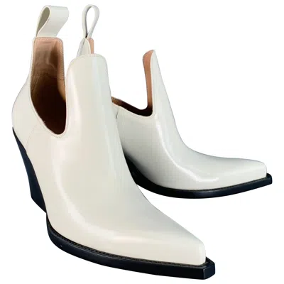 Pre-owned Bottega Veneta Size 9 Ivory Black Leather Slip On Stacked Heel Western Ankle Boots In White