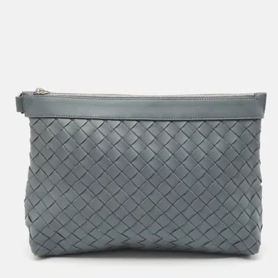 Pre-owned Bottega Veneta Slate Grey Intrecciato Leather Oversized Zip Pouch In Gray
