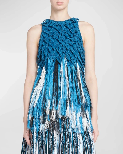 Bottega Veneta Sleeveless Fringe Empire-waist Textured Knit Top In Blue/black