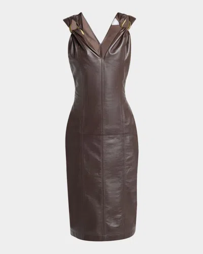 Bottega Veneta Sleeveless Leather Sheath Dress In Brown