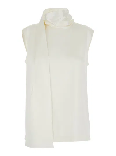 Bottega Veneta Sleeveless Stretch Silk Top With Scarf Neck Detail And Button Front In White
