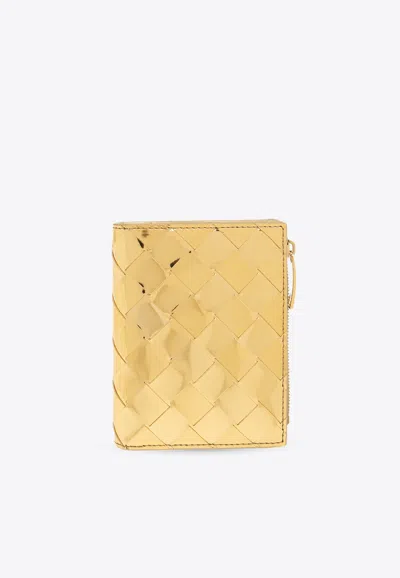 Bottega Veneta Small Intrecciato Bi-fold Zip Wallet In Gold