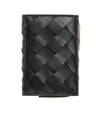 Bottega Veneta Small Intrecciato Tri-fold Zip Wallet In Black