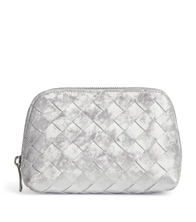Bottega Veneta Small Leather Intrecciato Half-moon Pouch In Silver