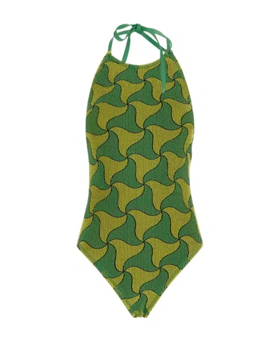Bottega Veneta Smocked Two-tone Halterneck Swimsuit In Green