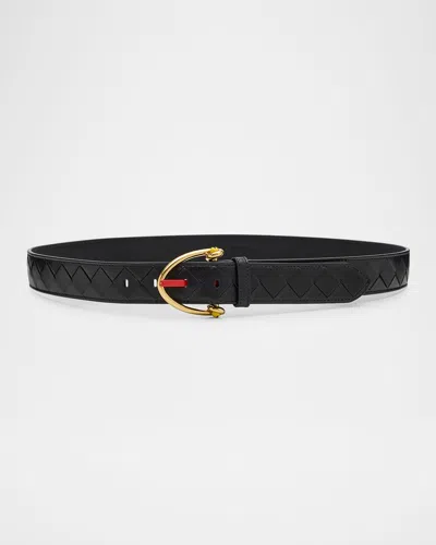 Bottega Veneta Snake Buckle Leather Belt In 1019 Black M Brass