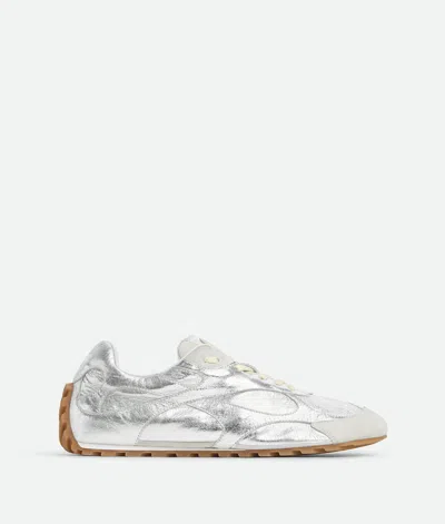 Bottega Veneta Orbit Flash Suede-trimmed Metallic Leather Sneakers In Silver