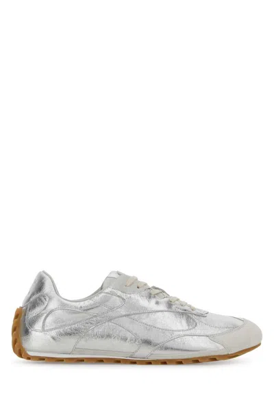 Bottega Veneta Orbit Flash Suede-trimmed Metallic Leather Sneakers In Silver