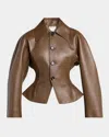 Bottega Veneta Womens Dark Moss Cinched-waist Flared-hem Leather Jacket In Brown