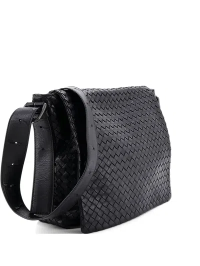 Pre-owned Bottega Veneta Square Flap Messenger Bag Intrecciato Nappa Medium Crossbody Bag In Black