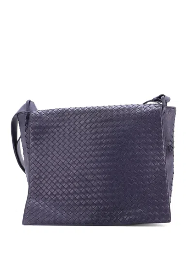 Pre-owned Bottega Veneta Square Flap Messenger Bag Leather With Intrecciato Nappa Large Crossbody Bag In Blue